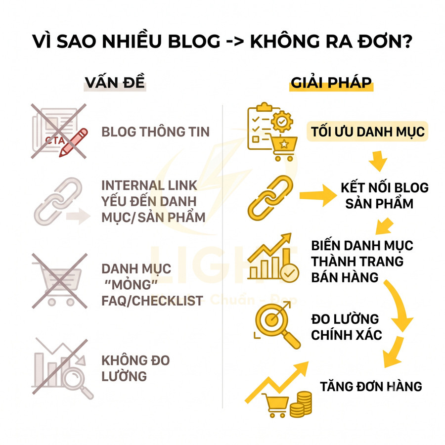 Infographic lý do blog không ra đơn và giải pháp tối ưu danh mục, kết nối blog với sản phẩm để tăng đơn hàng