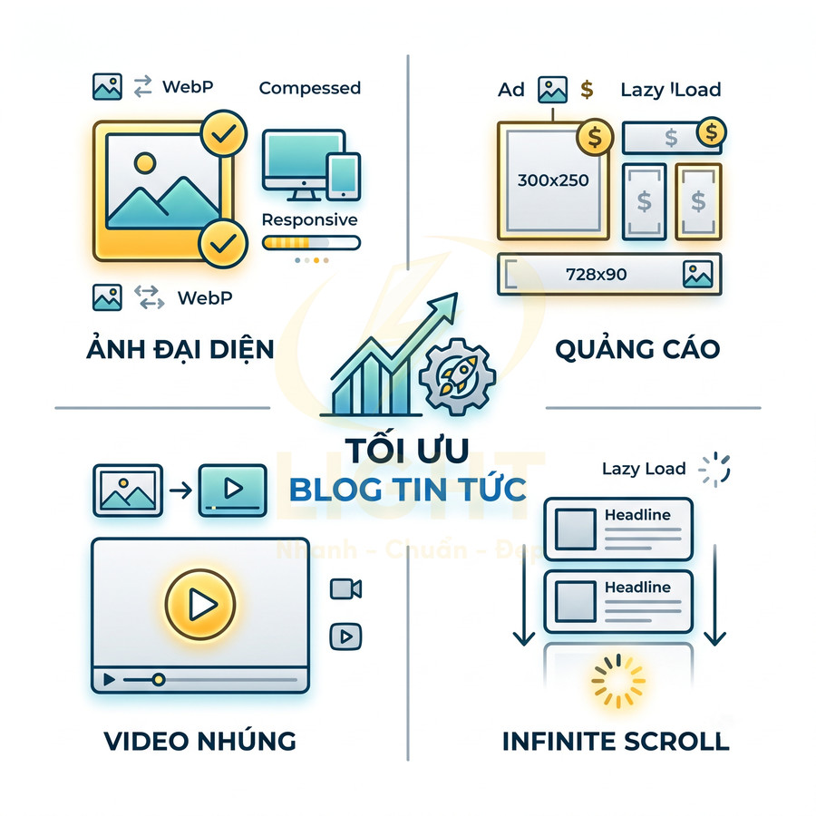 Minh họa các yếu tố tối ưu blog tin tức gồm ảnh đại diện, quảng cáo, video nhúng và cuộn vô hạn