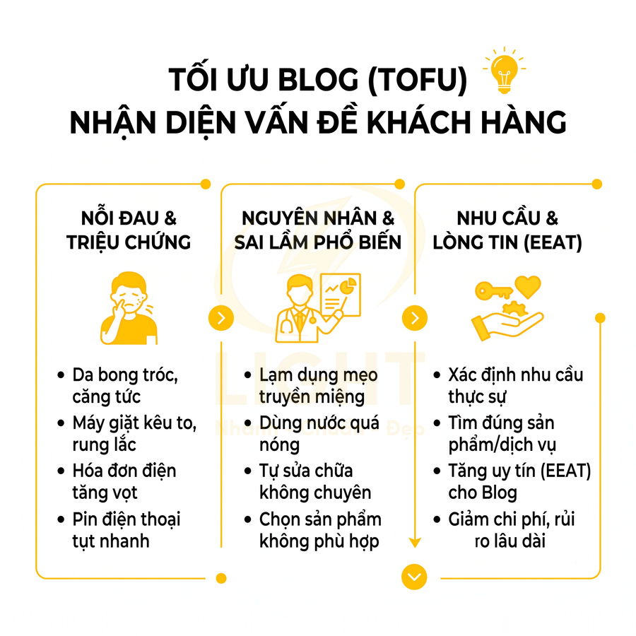Infographic tối ưu blog TOFU với các bước nhận diện vấn đề, nguyên nhân và nhu cầu khách hàng
