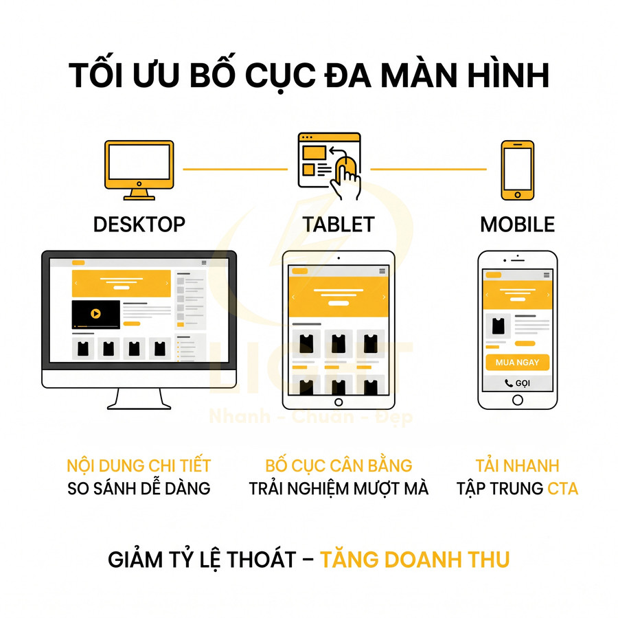 Giao diện website tối ưu cho desktop tablet và mobile với bố cục đa màn hình tăng trải nghiệm và doanh thu