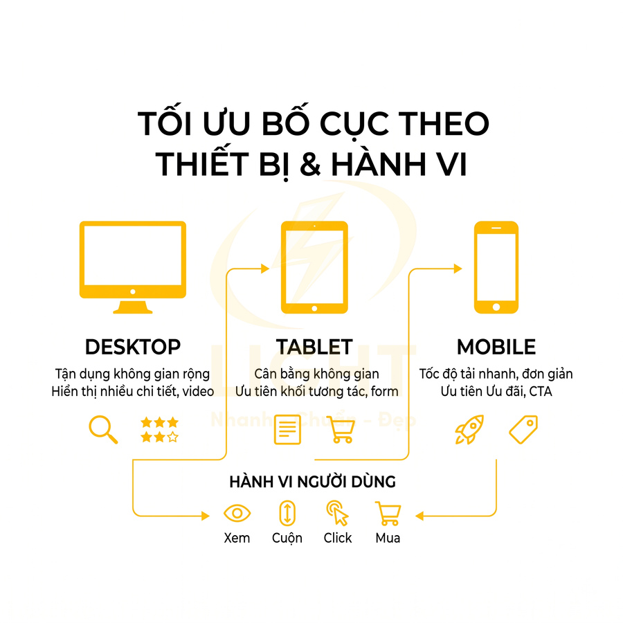 Tối ưu bố cục website theo thiết bị desktop tablet mobile và hành vi người dùng xem cuộn click mua