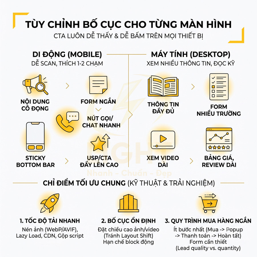 Infographic tối ưu bố cục landing page cho mobile và desktop, nhấn mạnh CTA, tốc độ tải, bố cục ổn định và quy trình mua hàng ngắn