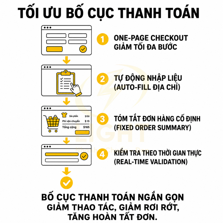 Mô tả quy trình tối ưu bố cục thanh toán online với one page checkout, tự động nhập liệu và tóm tắt đơn hàng