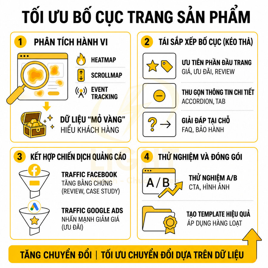 Infographic tối ưu bố cục trang sản phẩm với phân tích hành vi, quảng cáo Facebook Google Ads và thử nghiệm A/B
