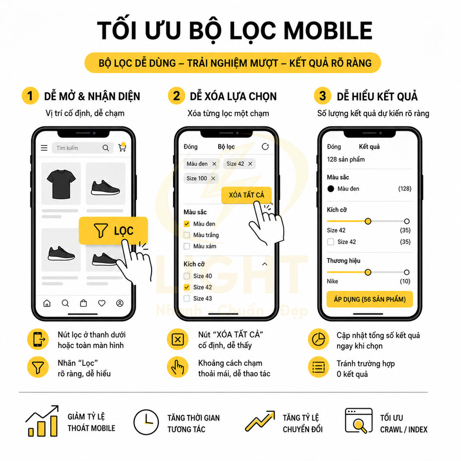 Giao diện bộ lọc sản phẩm trên ứng dụng mua sắm mobile với các bước mở, xóa lựa chọn và xem kết quả
