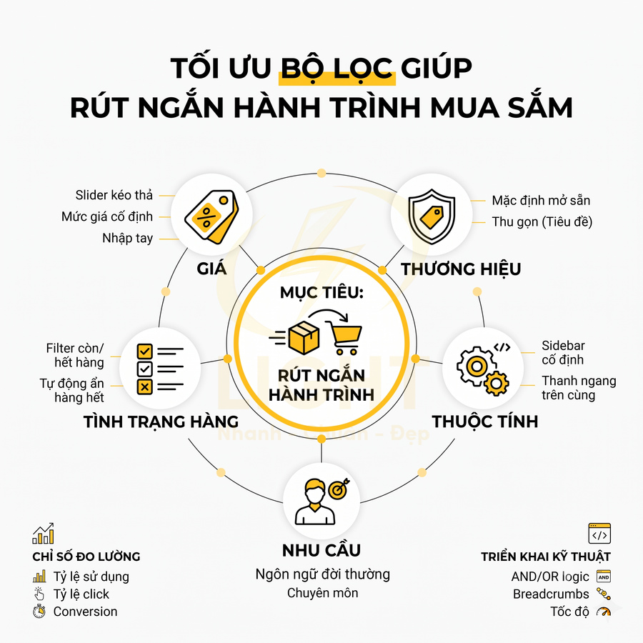 Infographic tối ưu bộ lọc sản phẩm ecommerce giúp rút ngắn hành trình mua sắm theo giá, thương hiệu, thuộc tính, nhu cầu, tình trạng hàng