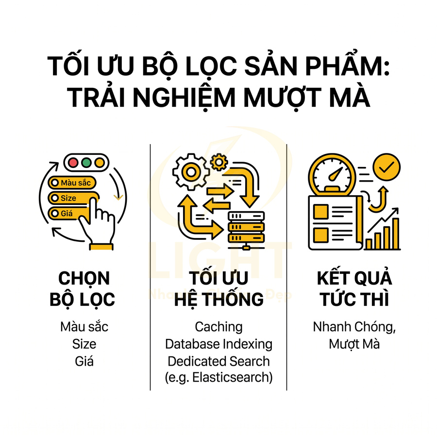 Minh họa quy trình tối ưu bộ lọc sản phẩm trên website để tìm kiếm nhanh và trải nghiệm mượt mà
