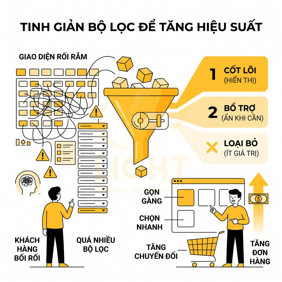 Minh họa quy trình tinh giản bộ lọc giao diện web để giúp khách hàng chọn nhanh và tăng chuyển đổi đơn hàng