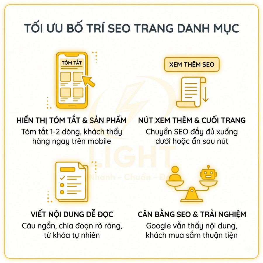 Hướng dẫn tối ưu bố trí SEO cho trang danh mục với tóm tắt sản phẩm, nút xem thêm, nội dung dễ đọc và cân bằng trải nghiệm