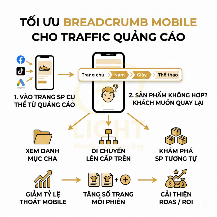 Hướng dẫn tối ưu breadcrumb mobile cho trang sản phẩm quảng cáo giúp khách xem thêm danh mục và tăng chuyển đổi