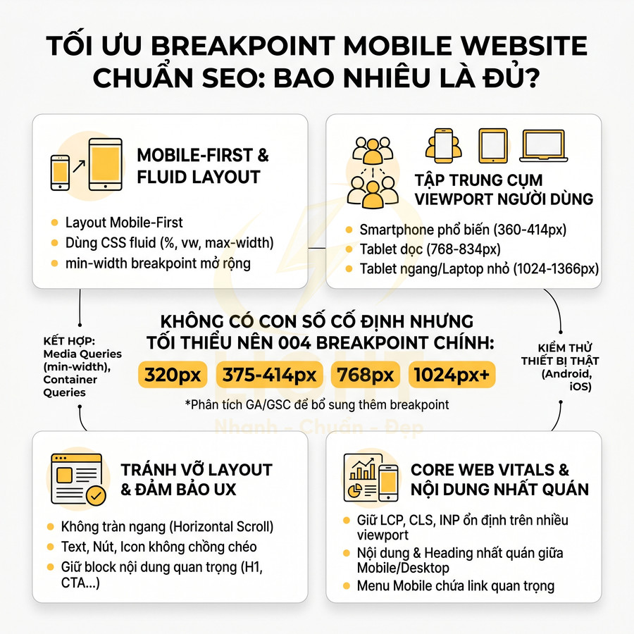 Infographic tối ưu breakpoint mobile website chuẩn SEO với 4 kích thước 320px 375-414px 768px 1024px