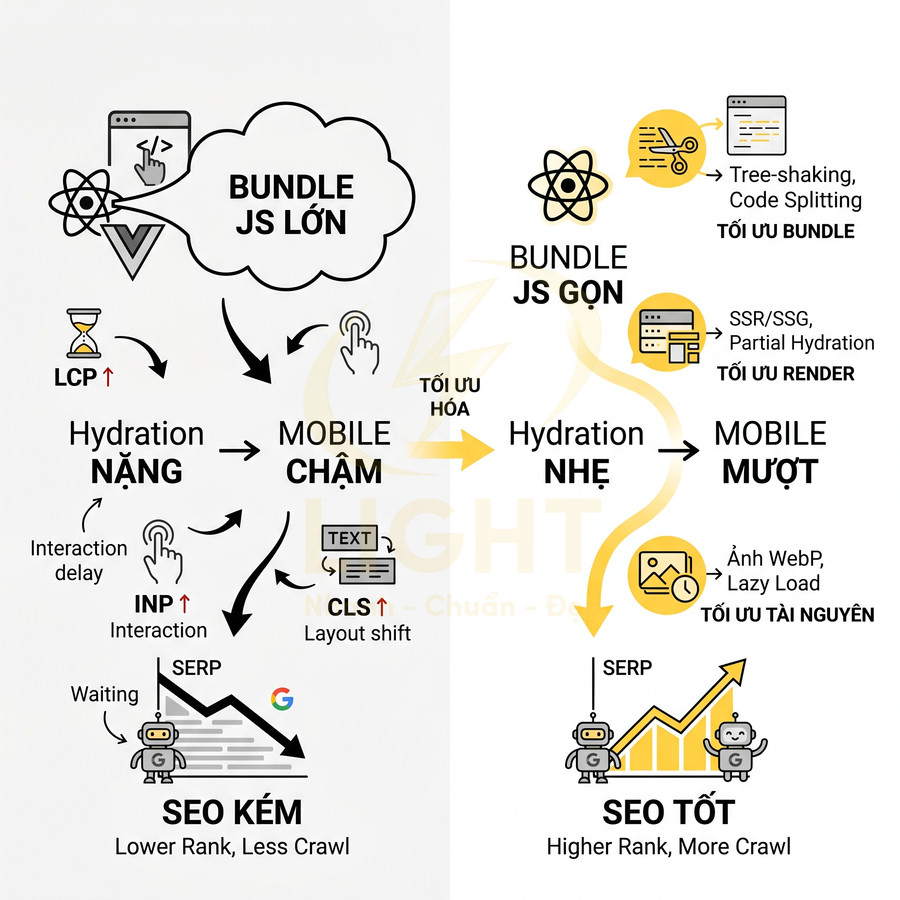So sánh bundle JavaScript lớn và nhỏ ảnh hưởng đến hydration, tốc độ mobile và kết quả SEO tốt hoặc kém