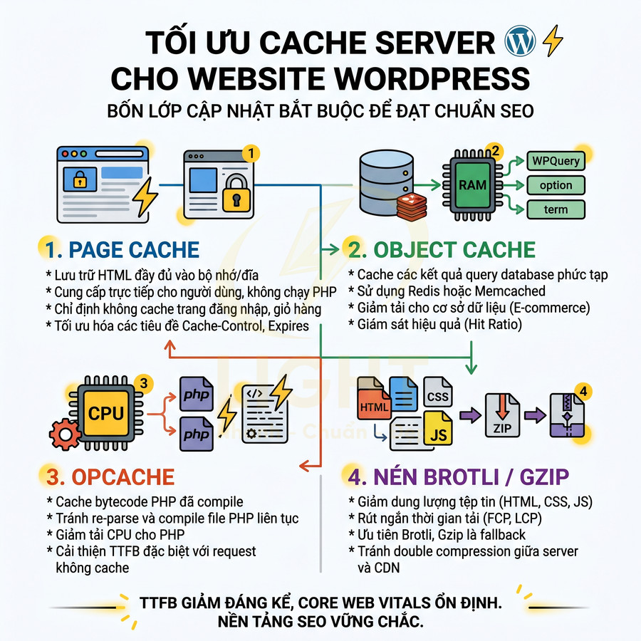 Hướng dẫn tối ưu cache server cho website WordPress với 4 lớp page cache, object cache, opcache và nén Brotli Gzip