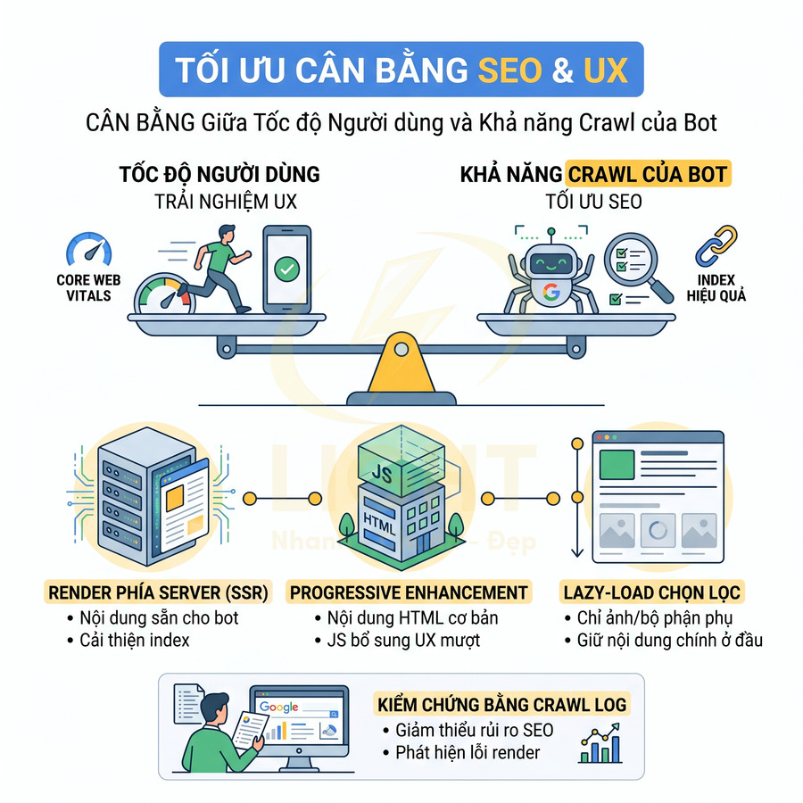 Infographic tối ưu cân bằng SEO và UX với các kỹ thuật SSR, progressive enhancement, lazy load và kiểm tra crawl log