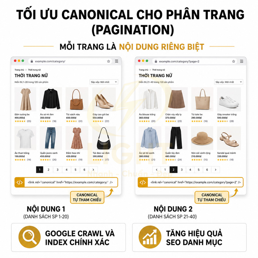Minh họa tối ưu thẻ canonical cho phân trang danh mục thời trang nữ giúp Google crawl và tăng hiệu quả SEO
