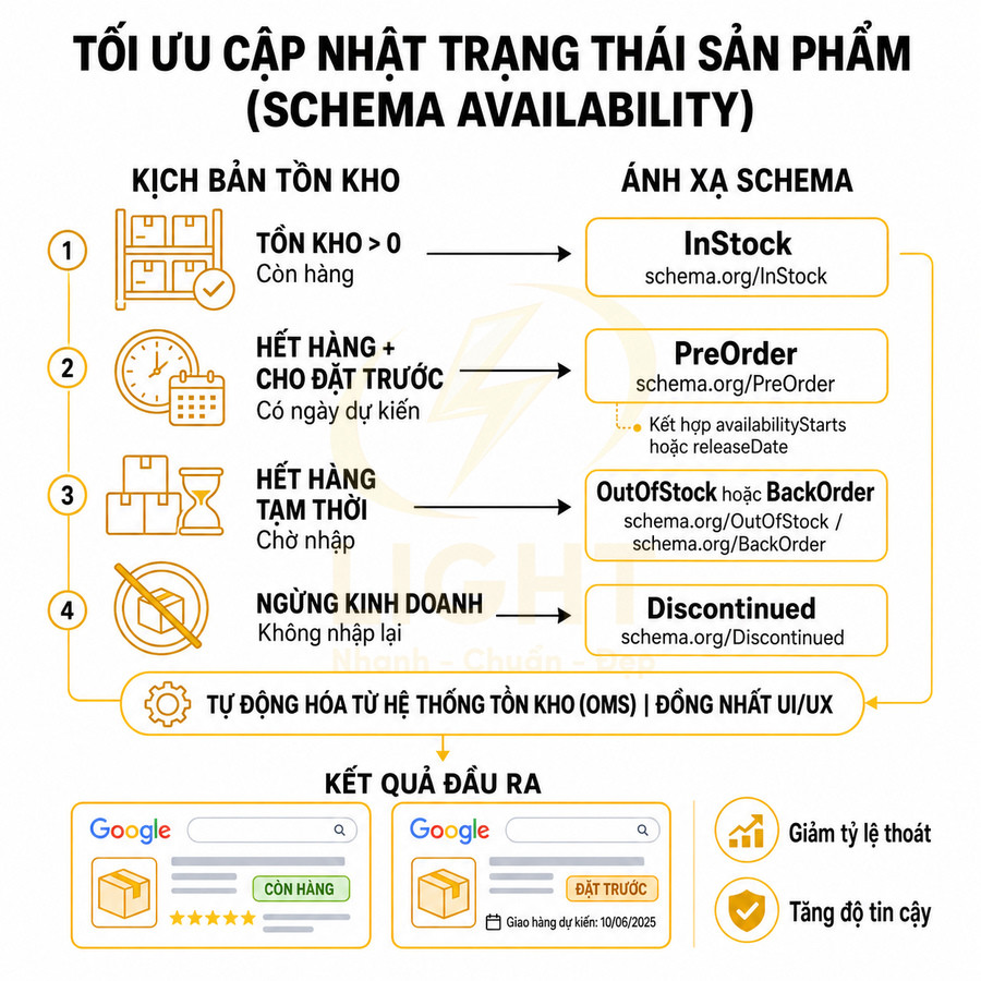 Sơ đồ tối ưu cập nhật trạng thái tồn kho sản phẩm và ánh xạ schema InStock PreOrder OutOfStock Discontinued