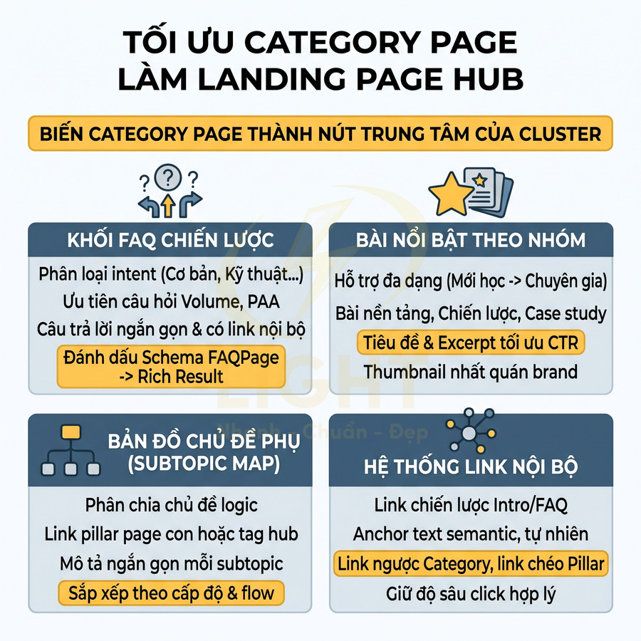 Infographic hướng dẫn tối ưu category page làm landing page hub với FAQ, bài nổi bật, subtopic map và hệ thống internal link