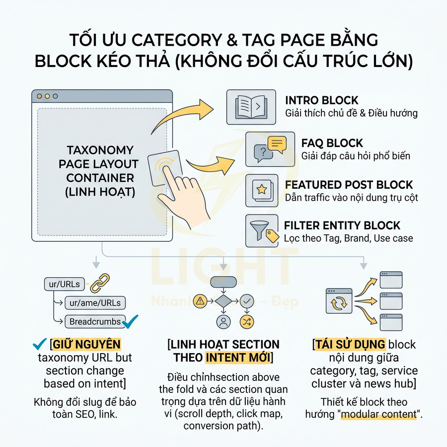 Mô hình tối ưu category và tag page bằng block kéo thả linh hoạt để giữ SEO và tái sử dụng nội dung