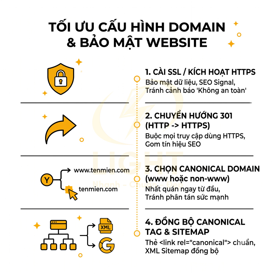 Hướng dẫn tối ưu cấu hình domain và bảo mật website với SSL, chuyển hướng 301, canonical domain và sitemap
