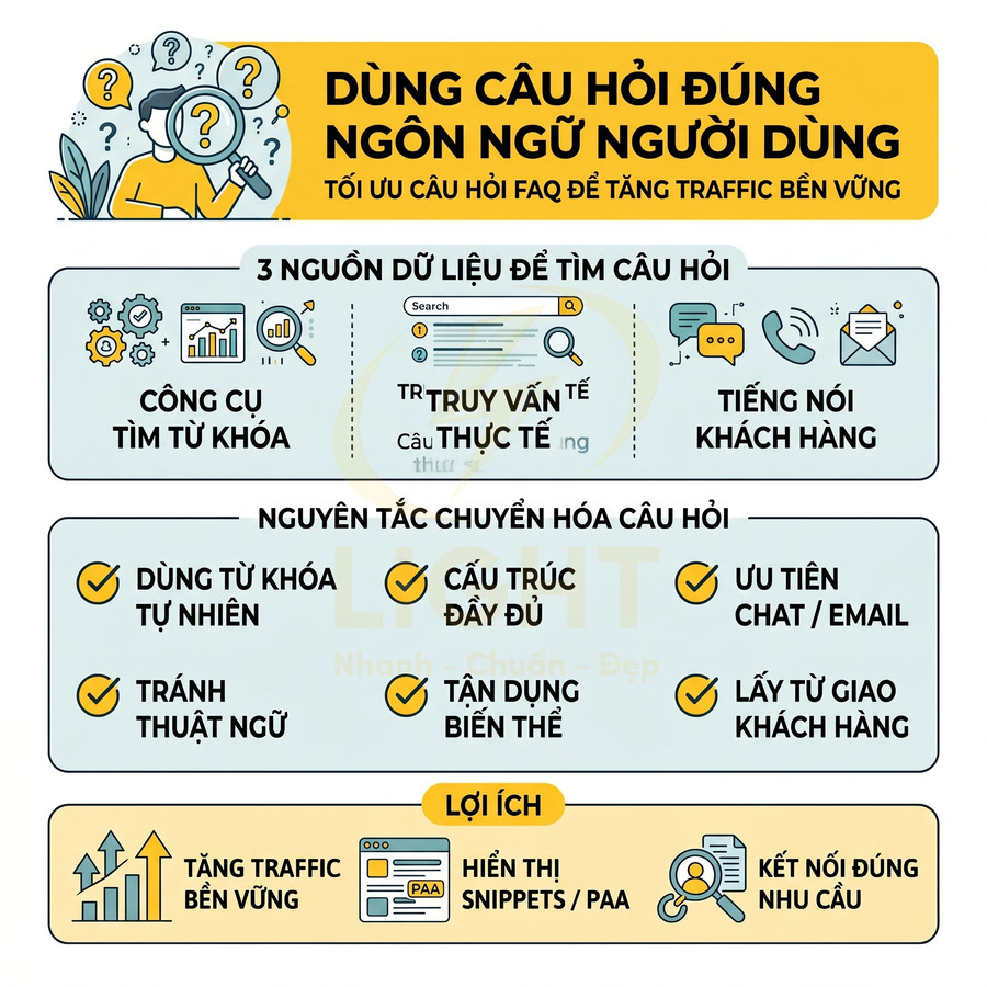Infographic hướng dẫn dùng câu hỏi đúng ngôn ngữ người dùng để tối ưu FAQ và tăng traffic bền vững