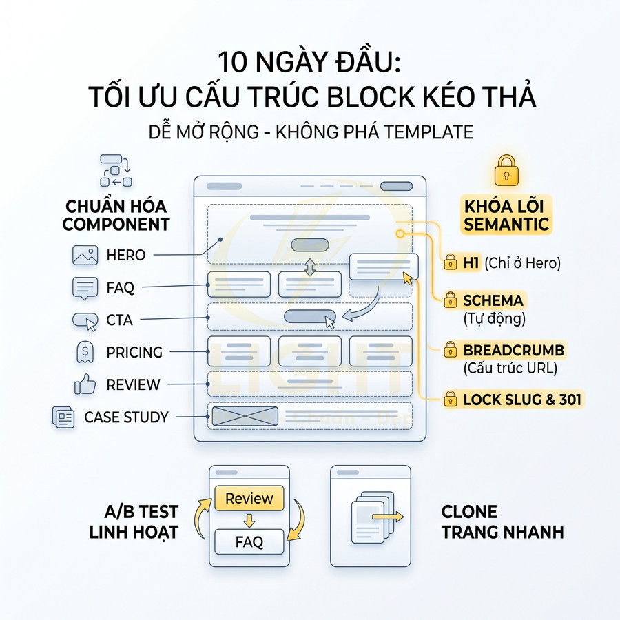 Minh họa tối ưu cấu trúc block kéo thả website với chuẩn hóa component, khóa lỗi semantic và A/B test linh hoạt