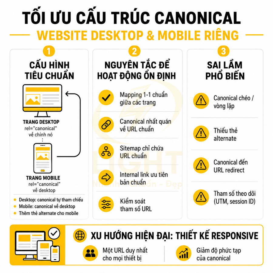 Infographic tối ưu cấu trúc canonical cho website desktop và mobile riêng, hướng dẫn cấu hình và tránh sai lầm SEO