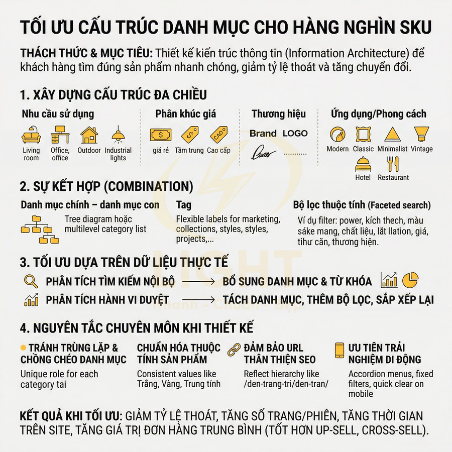 Hướng dẫn tối ưu cấu trúc danh mục sản phẩm cho hàng nghìn SKU với ví dụ bộ lọc, tag và nguyên tắc thiết kế SEO