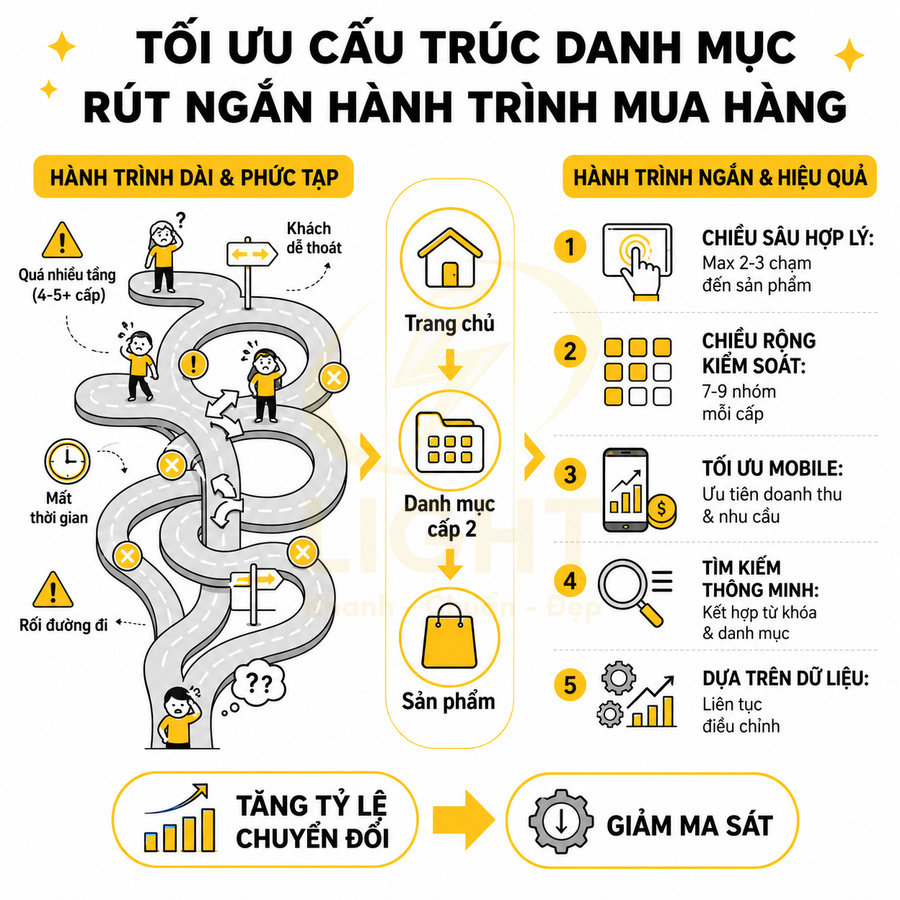 Infographic tối ưu cấu trúc danh mục website để rút ngắn hành trình mua hàng và tăng tỷ lệ chuyển đổi