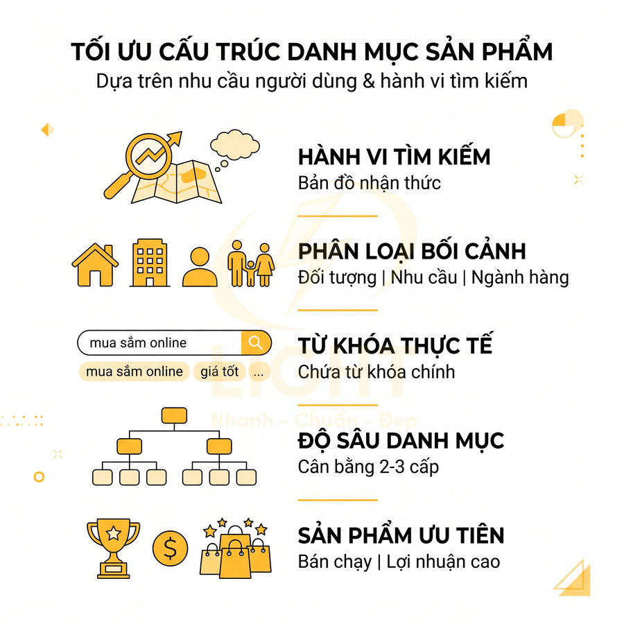 Hướng dẫn tối ưu cấu trúc danh mục sản phẩm theo hành vi tìm kiếm, từ khóa, độ sâu danh mục và sản phẩm ưu tiên