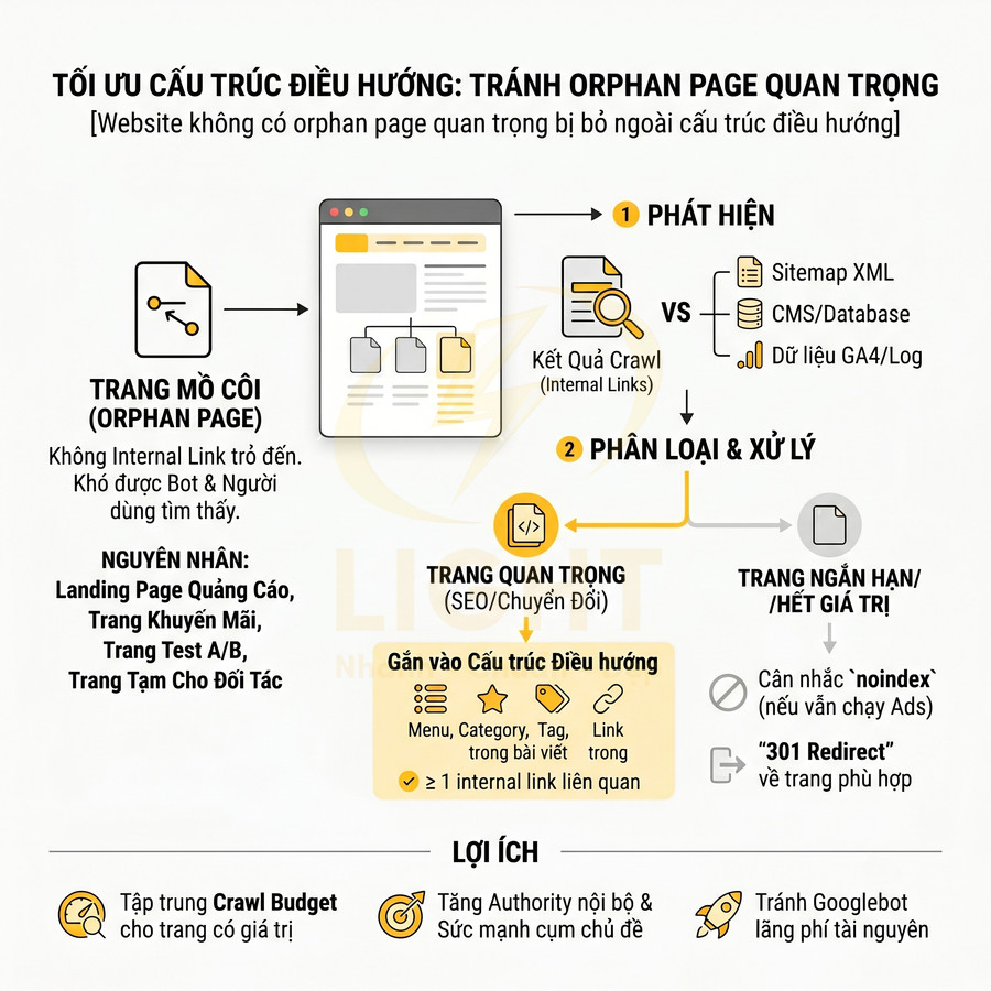 Infographic tối ưu cấu trúc điều hướng website để tránh orphan page quan trọng và tăng hiệu quả SEO