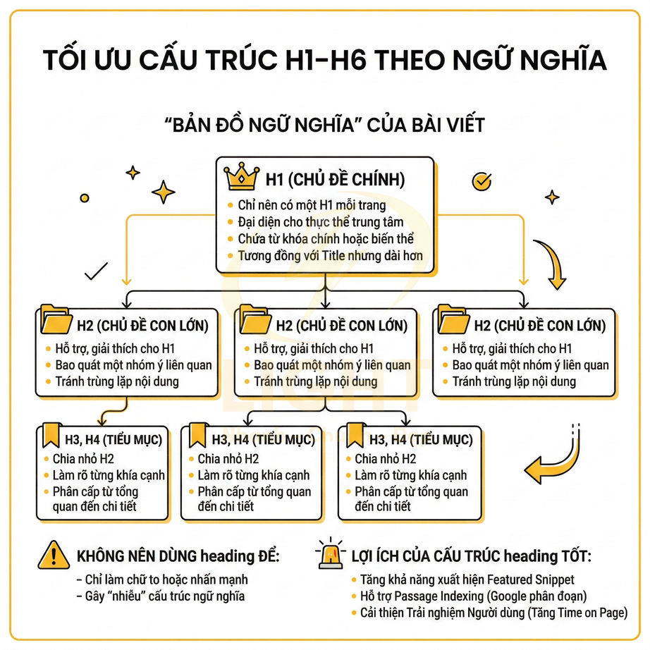 Hướng dẫn tối ưu cấu trúc heading H1 đến H6 theo ngữ nghĩa để cải thiện SEO và trải nghiệm người dùng