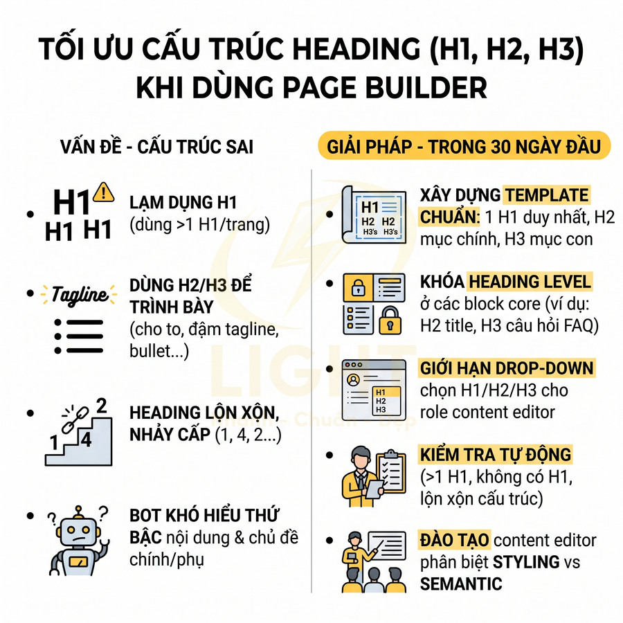 Hướng dẫn tối ưu cấu trúc heading H1 H2 H3 khi dùng page builder với ví dụ lỗi và giải pháp SEO
