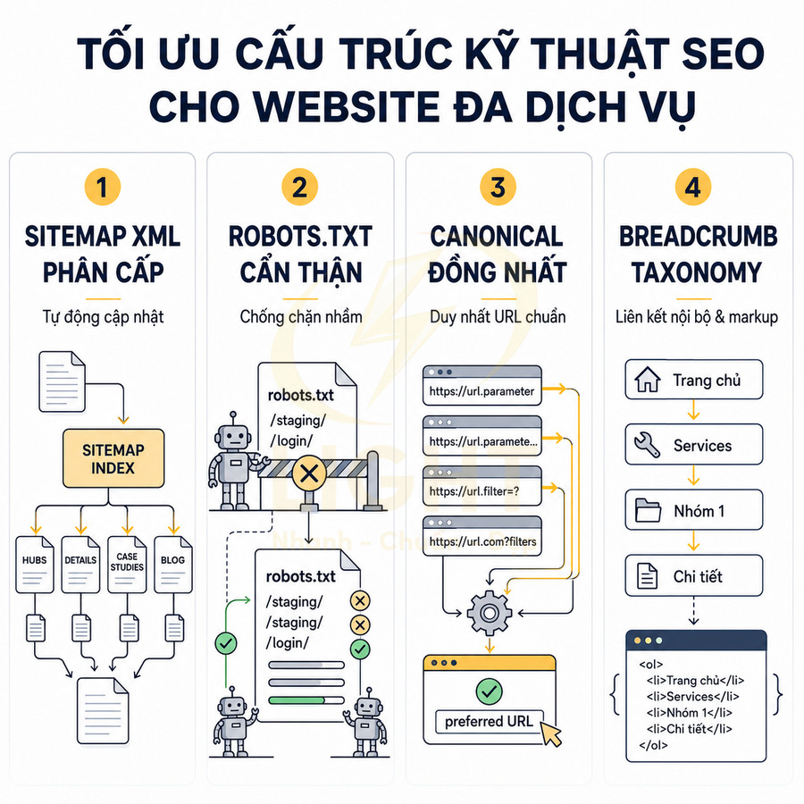Hướng dẫn tối ưu cấu trúc kỹ thuật SEO cho website đa dịch vụ với sitemap, robots.txt, canonical và breadcrumb