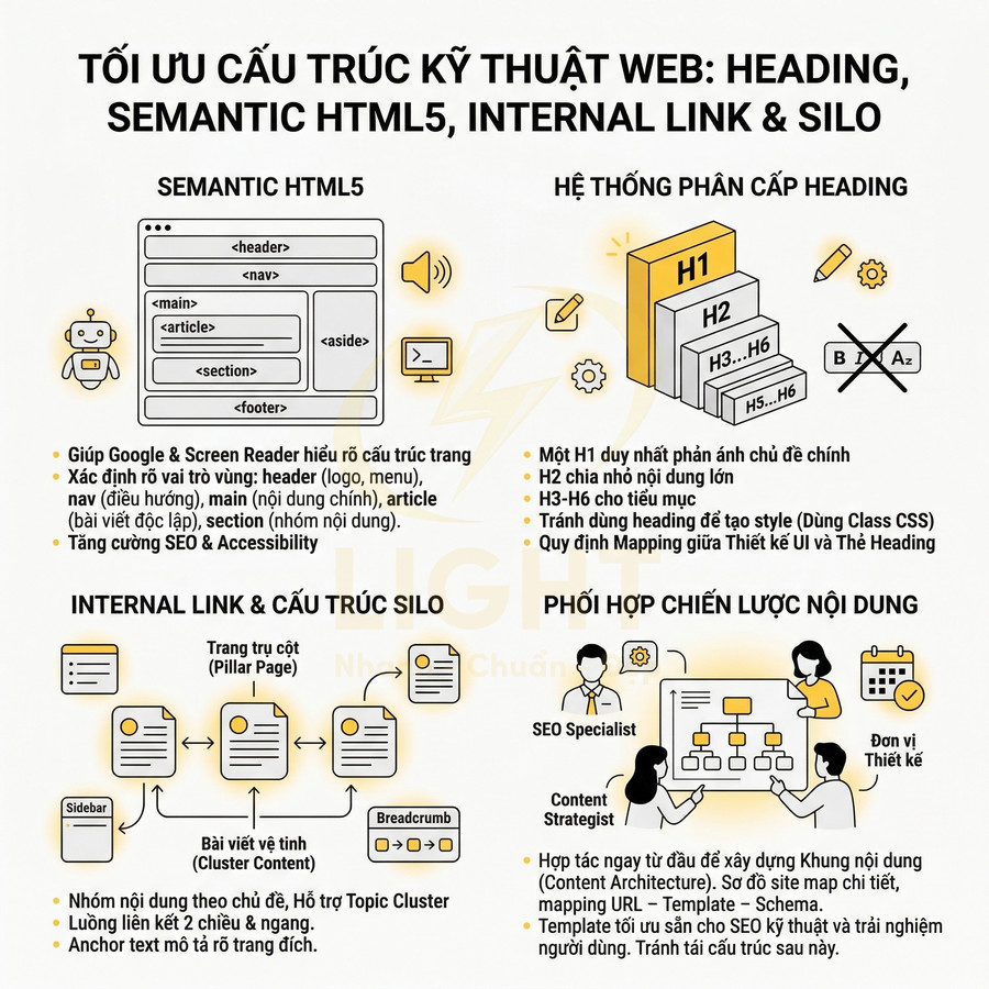 Infographic tối ưu cấu trúc kỹ thuật web với heading, semantic HTML5, internal link và mô hình silo hỗ trợ SEO