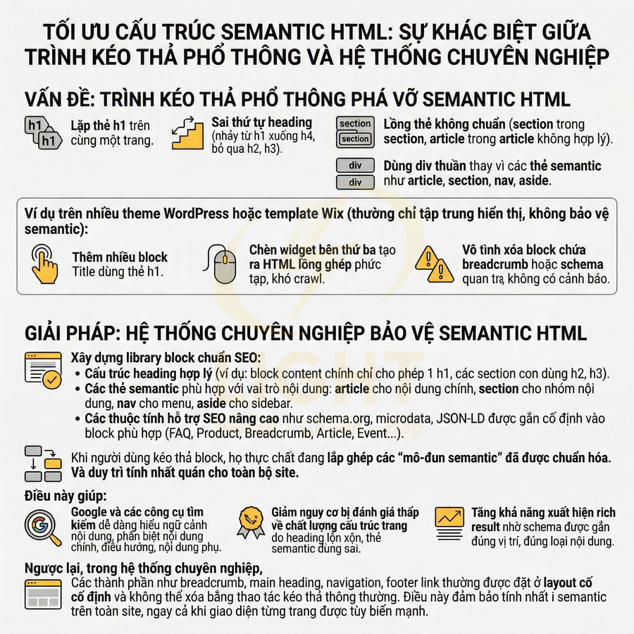 Infographic tối ưu cấu trúc semantic HTML, so sánh trình kéo thả phổ thông và hệ thống chuyên nghiệp chuẩn SEO