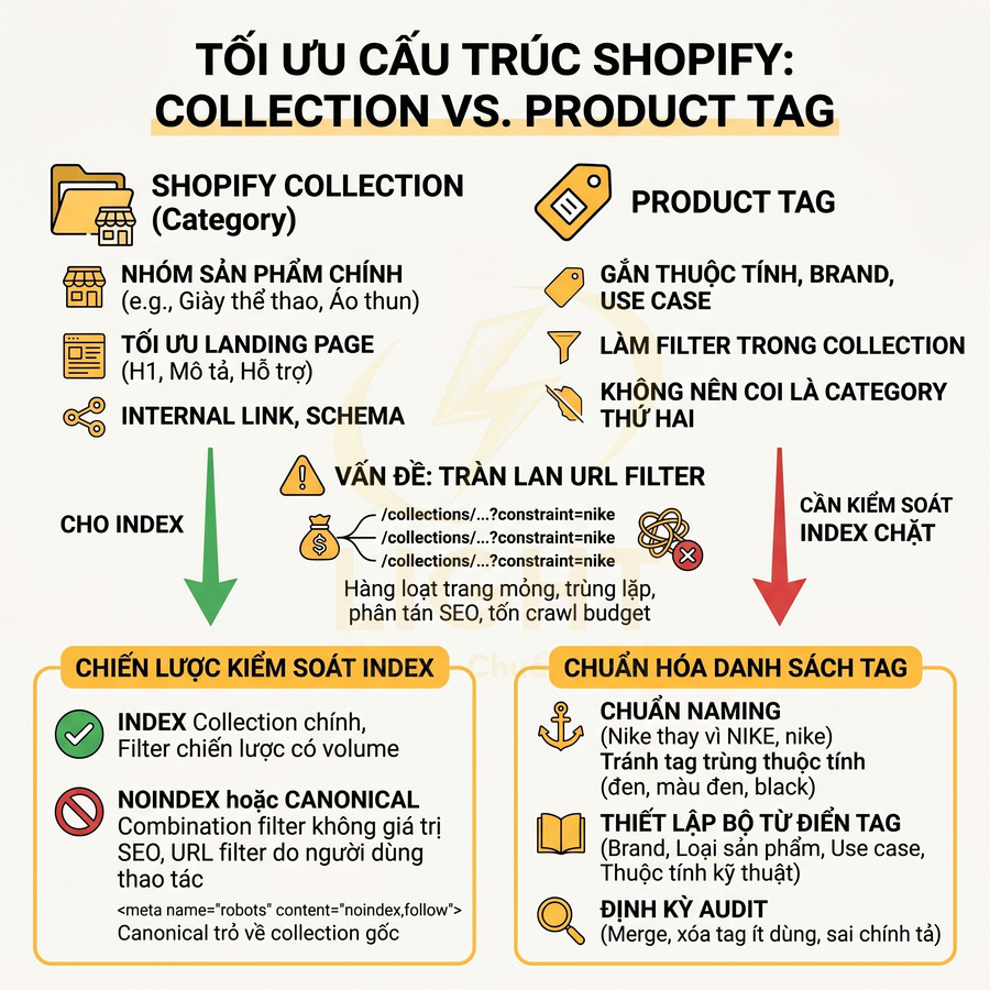 Hướng dẫn tối ưu cấu trúc Shopify so sánh collection và product tag, chiến lược kiểm soát index và chuẩn hóa tag