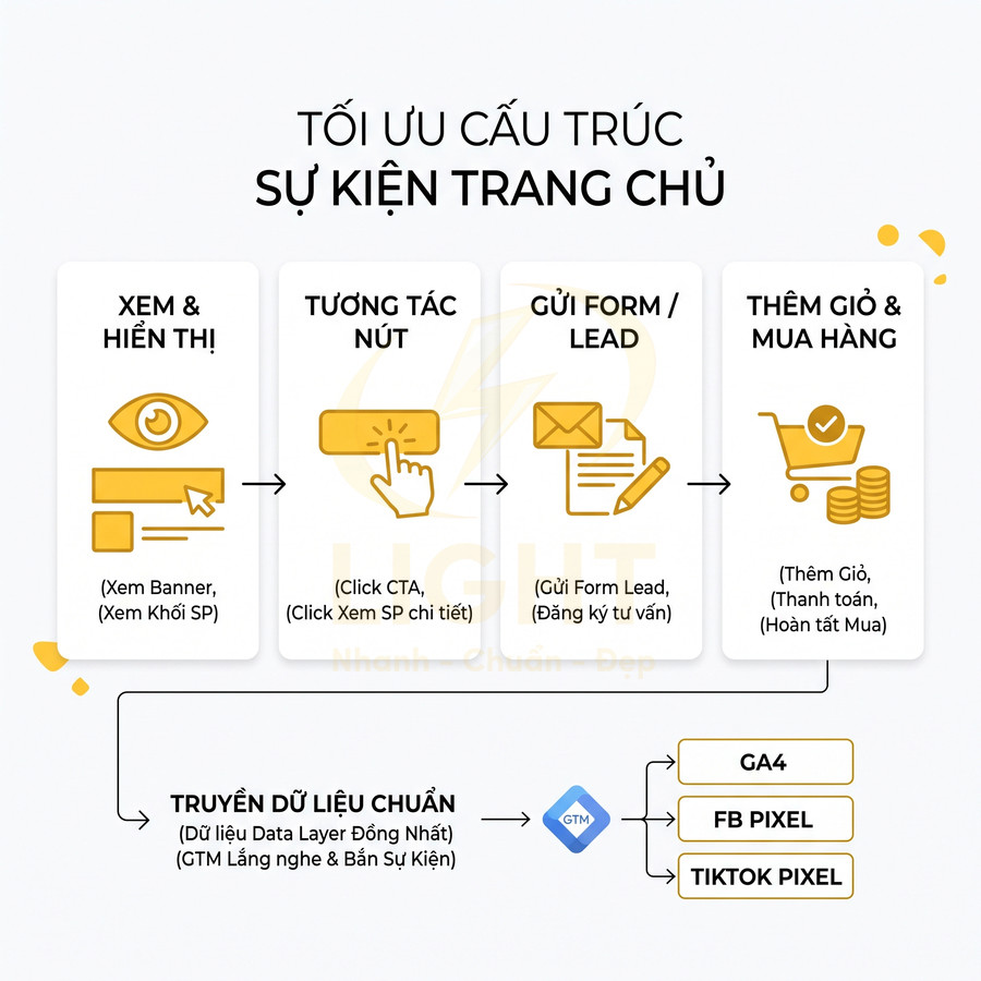 Sơ đồ tối ưu cấu trúc sự kiện trang chủ website từ xem banner đến thêm giỏ và mua hàng, truyền dữ liệu chuẩn GA4 FB Pixel