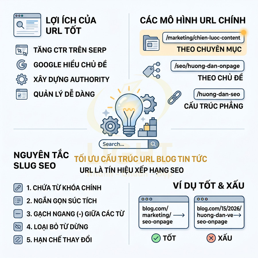 Hướng dẫn tối ưu cấu trúc URL và slug SEO cho blog tin tức với ví dụ URL tốt và xấu