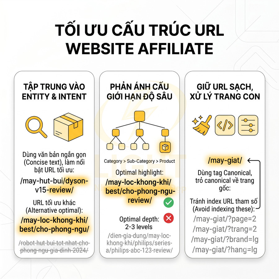 Hướng dẫn tối ưu cấu trúc URL cho website affiliate với ví dụ về entity, độ sâu và xử lý trang con