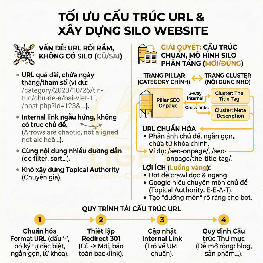 Infographic hướng dẫn tối ưu cấu trúc URL và xây dựng silo website chuẩn SEO bằng mô hình pillar và cluster