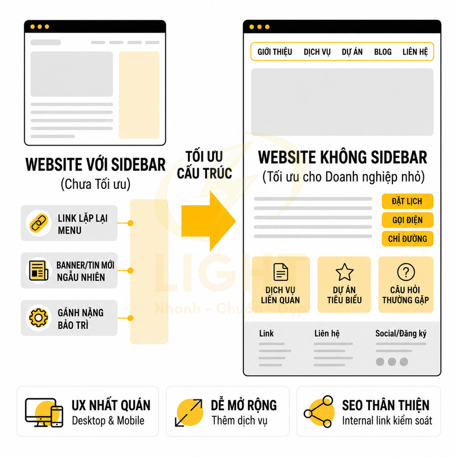 So sánh giao diện website có sidebar và website không sidebar tối ưu cho doanh nghiệp nhỏ, nhấn mạnh UX và SEO