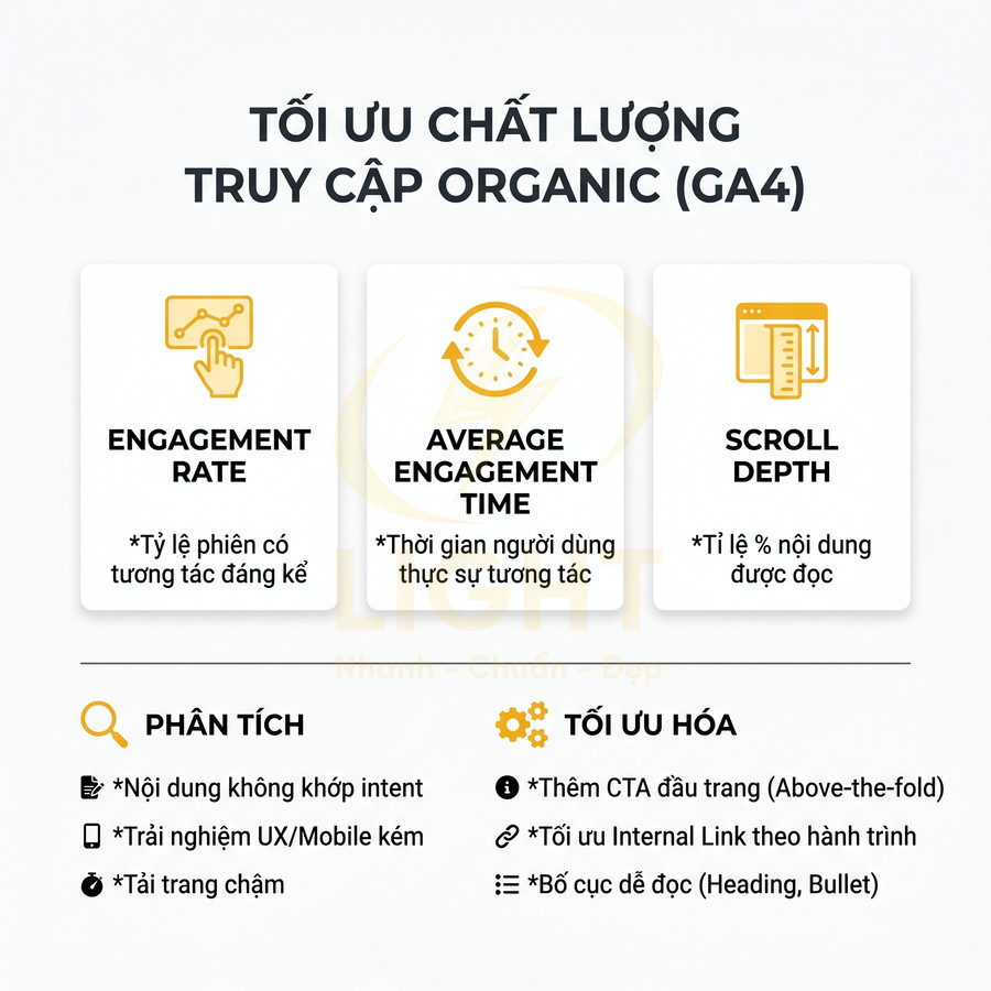 Tối ưu chất lượng truy cập organic GA4 với chỉ số engagement rate, average engagement time, scroll depth và gợi ý tối ưu hóa