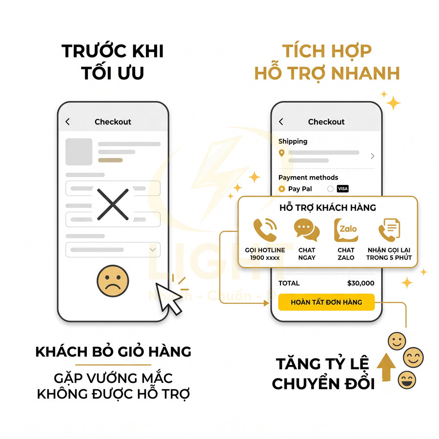 Giao diện checkout website tích hợp hỗ trợ khách hàng nhanh qua hotline, chat và Zalo giúp tăng tỷ lệ hoàn tất đơn hàng