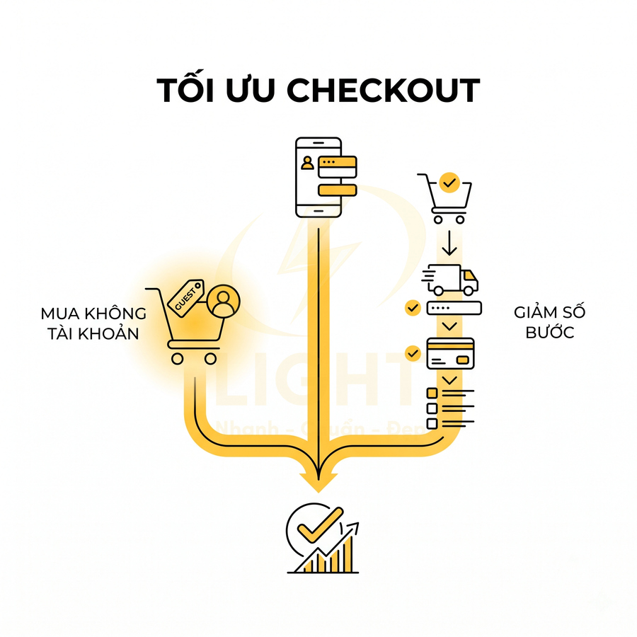 Minh họa tối ưu quy trình checkout thương mại điện tử với mua không cần tài khoản và giảm số bước thanh toán