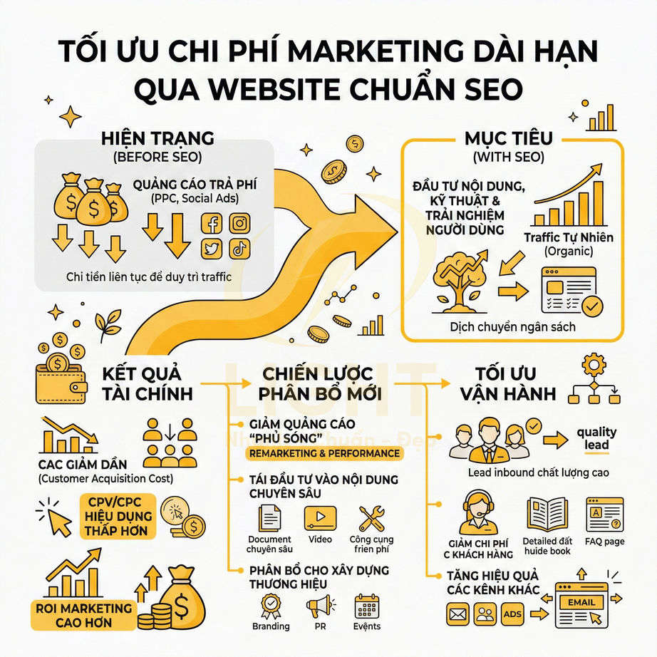 Infographic tối ưu chi phí marketing dài hạn qua website chuẩn SEO với chiến lược nội dung và phân bổ ngân sách
