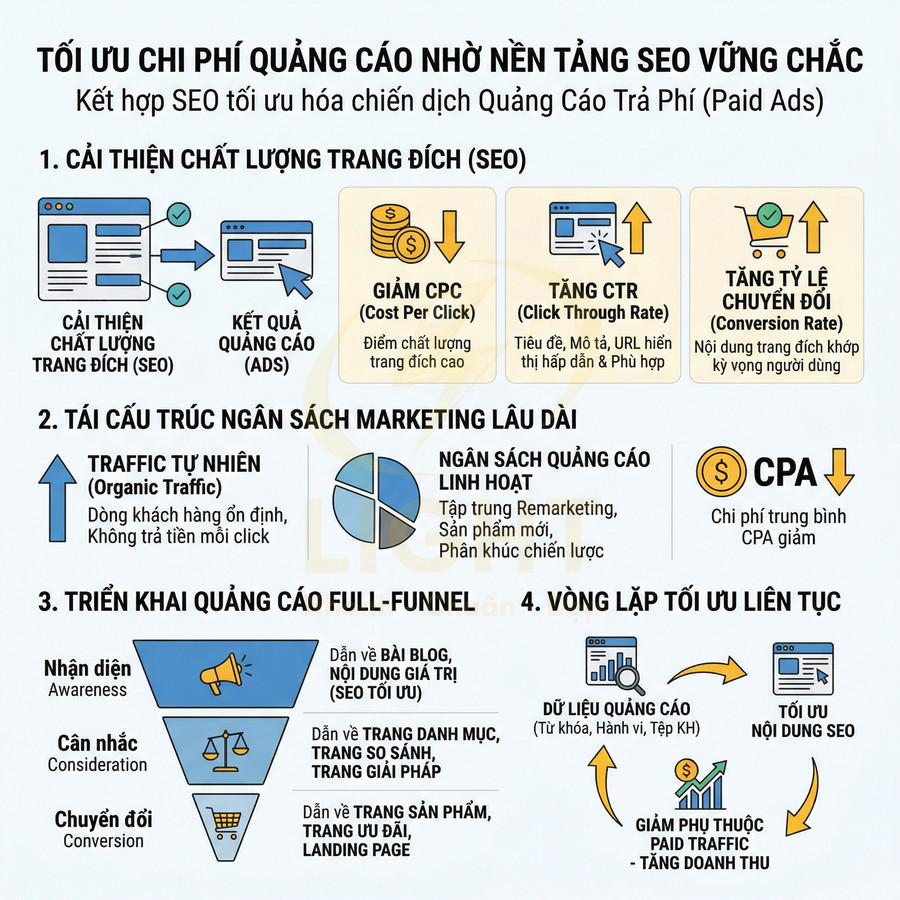 Infographic tối ưu chi phí quảng cáo bằng nền tảng SEO vững chắc với các bước cải thiện trang đích và tối ưu ngân sách