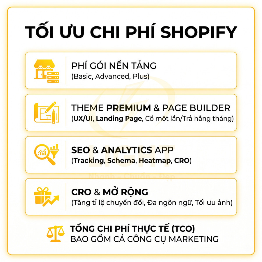Tối ưu chi phí Shopify với phí gói nền tảng, theme premium, app SEO analytics, CRO và tổng chi phí marketing