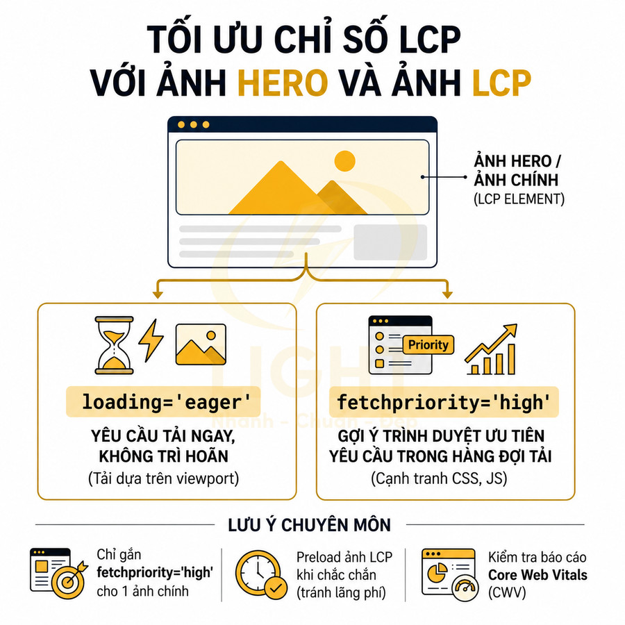 Hướng dẫn tối ưu ảnh hero và ảnh LCP với thuộc tính loading eager và fetchpriority high trong tối ưu LCP