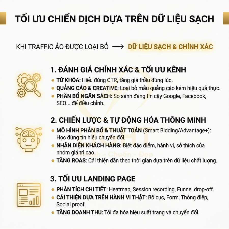 Infographic tối ưu chiến dịch marketing dựa trên dữ liệu sạch với ba bước đánh giá kênh, tự động hóa và tối ưu landing page