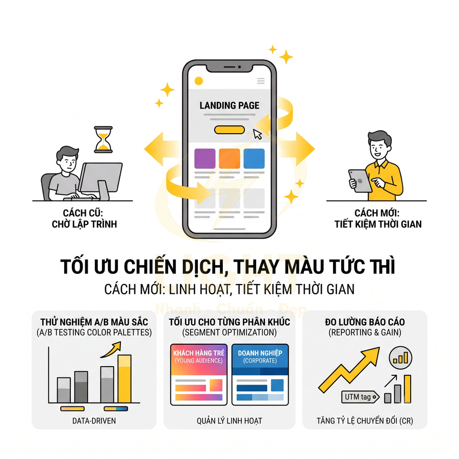 Minh họa tối ưu landing page trên điện thoại với thử nghiệm A/B màu sắc và đo lường hiệu quả chiến dịch marketing